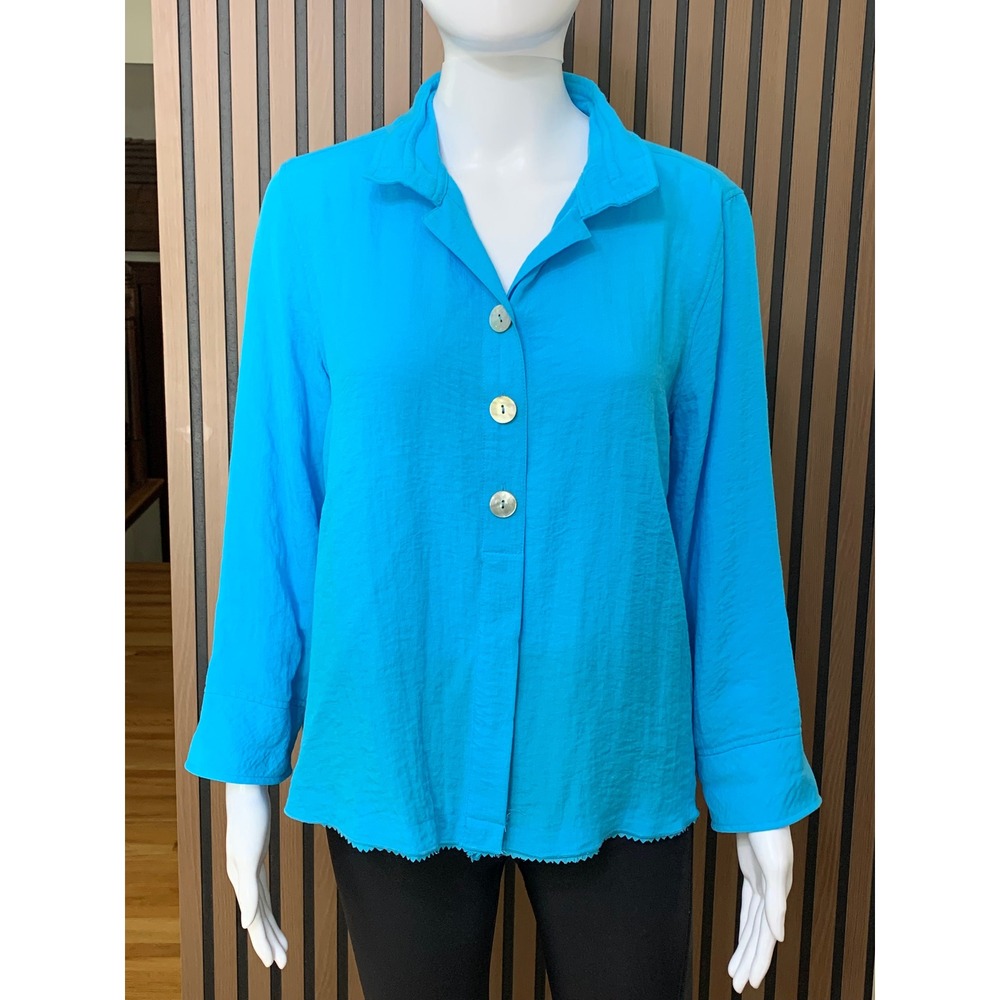 John Mark Turquoise Blue Pleated Back Button Front Blouse Top S Lagenlook